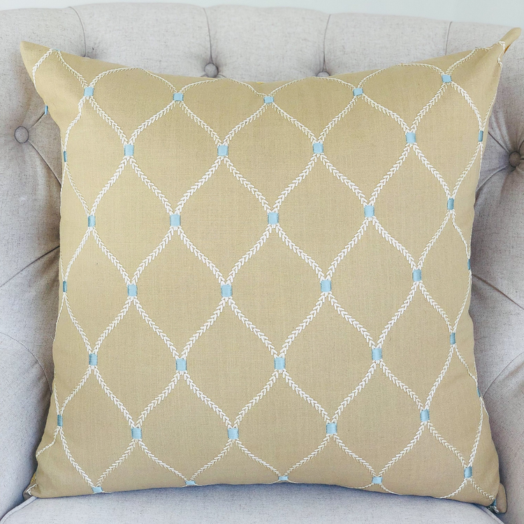 Plutus Abby Taupe White and Blue Handmade Luxury Pillow