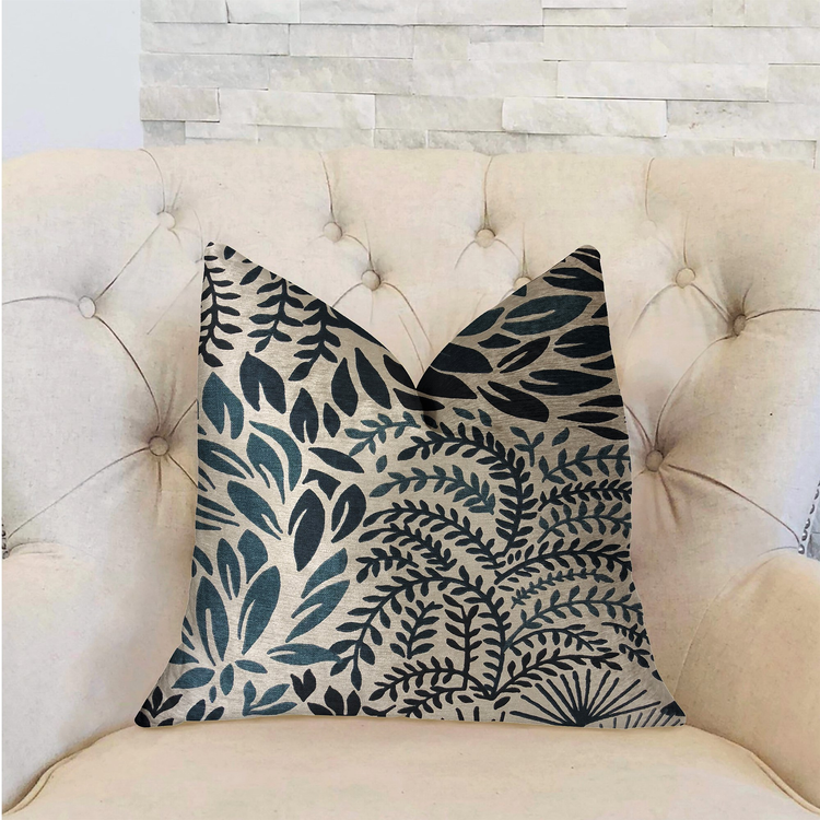 Plutus Leaf Snap Blue and Beige Luxury Throw Pillow