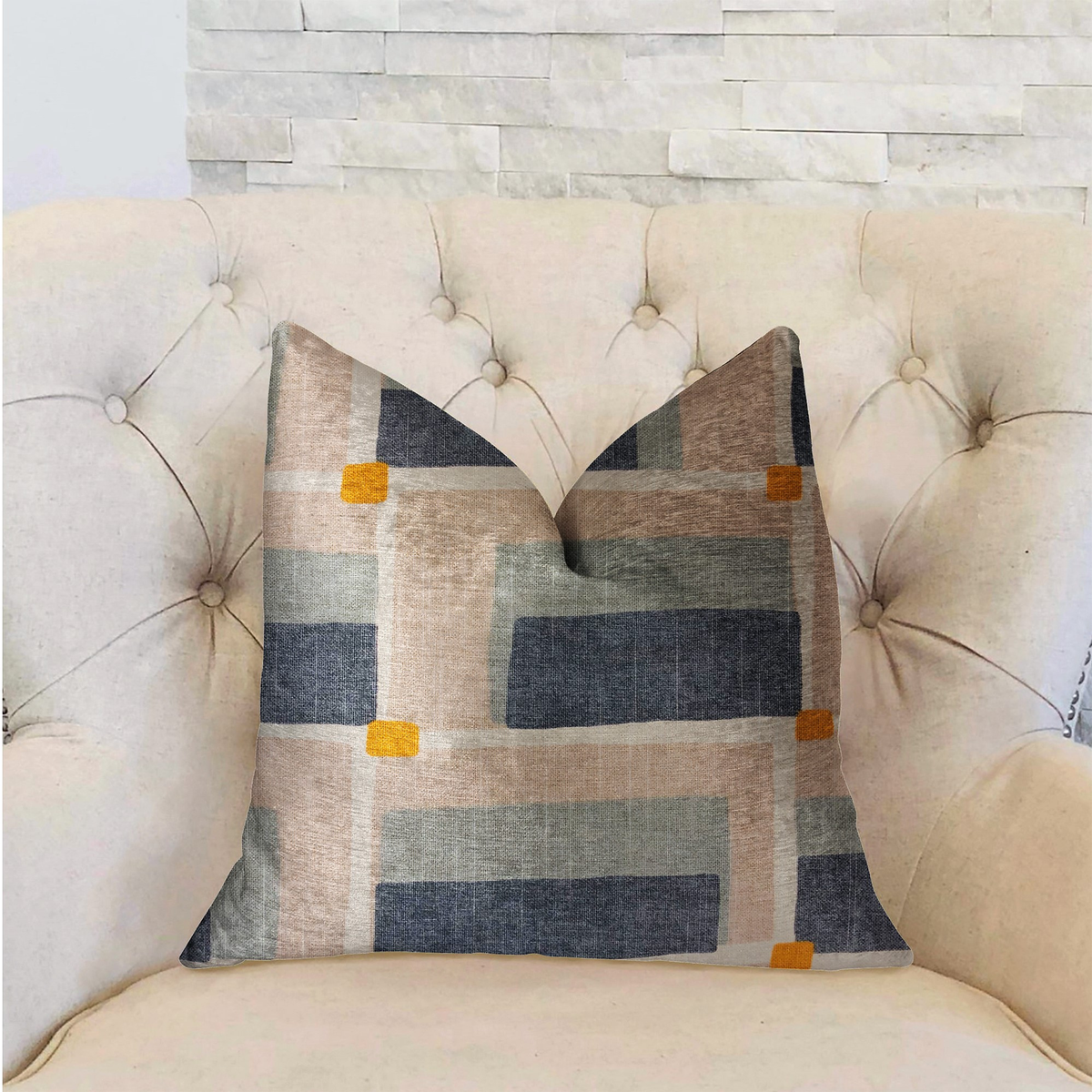 Plutus Bay Window Blue and Beige Luxury Throw Pillow
