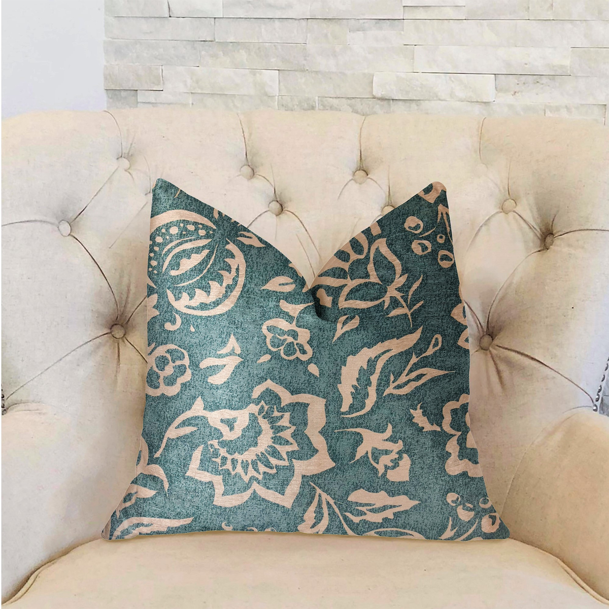 Plutus Elsi Pom Blue and Beige Luxury Throw Pillow