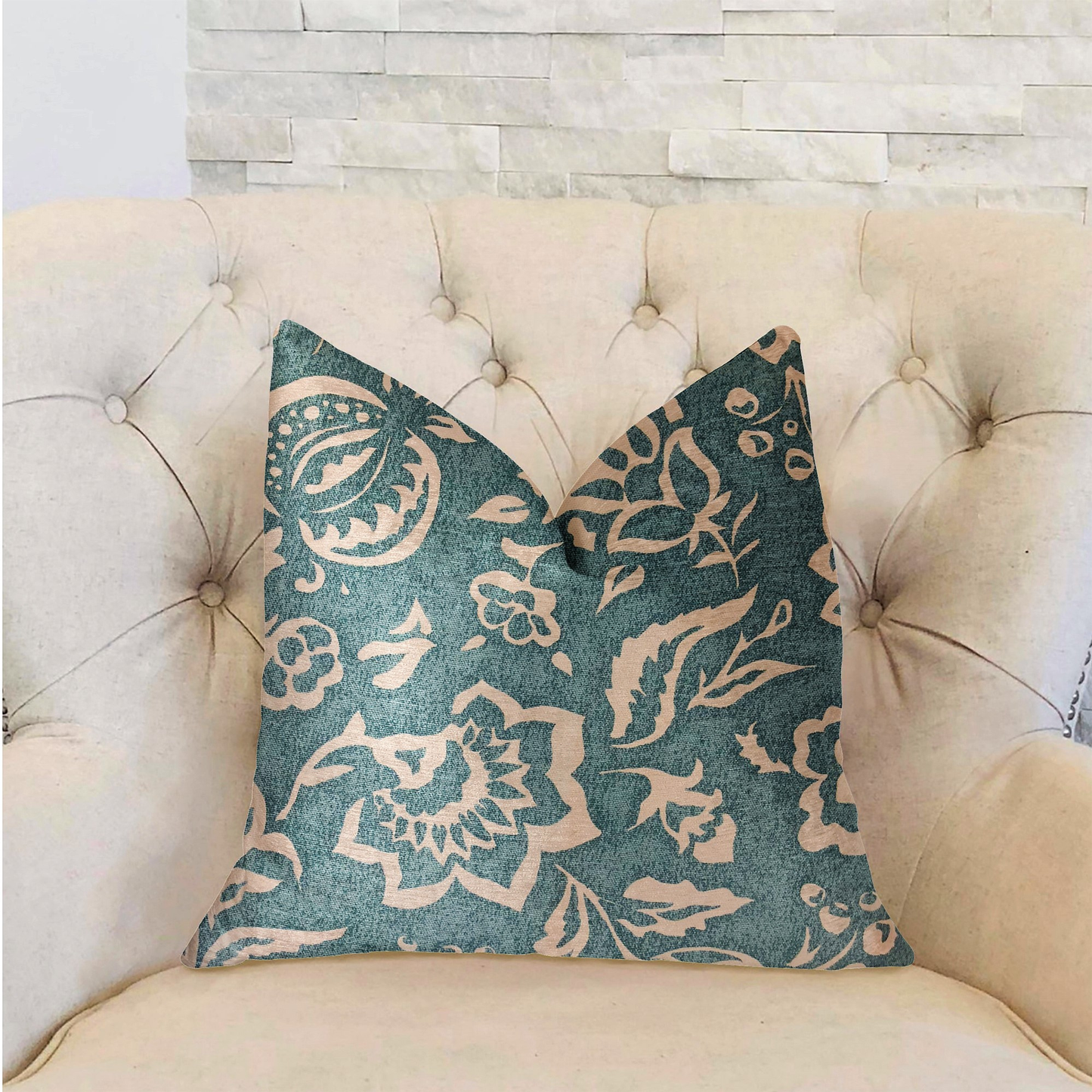 Plutus Elsi Pom Blue and Beige Luxury Throw Pillow