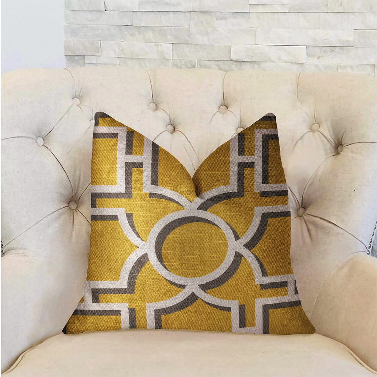 Plutus Crane Enclave Yellow, Beige and Gray Luxury Throw Pillow