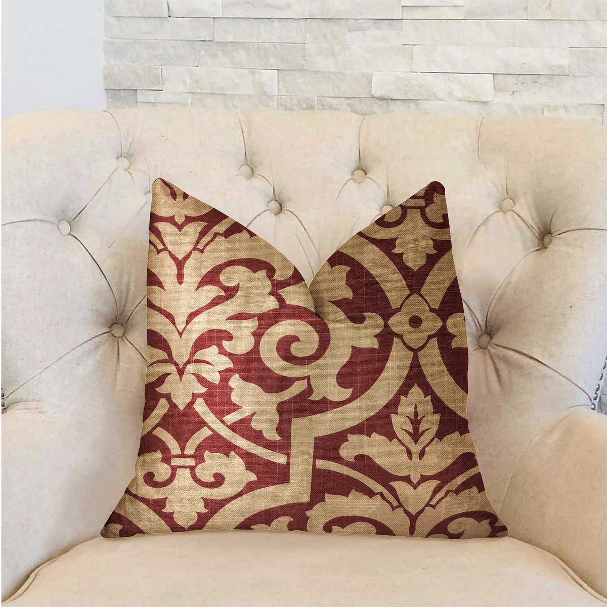 Plutus Sacred Shield Red and Beige Luxury Throw Pillow