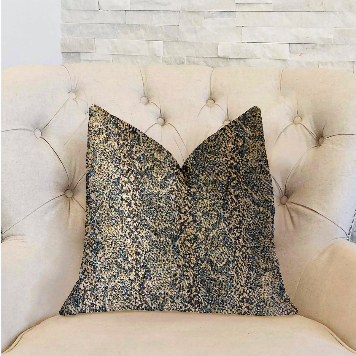 Plutus Exotic Phantom Blue and Gold Luxury Throw Pillow