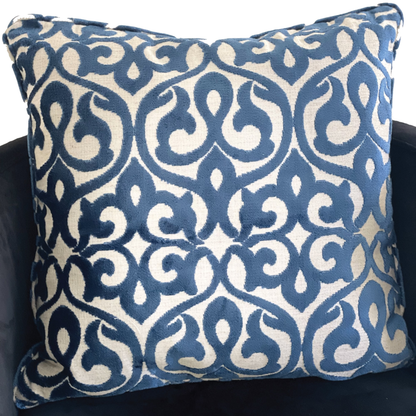 Plutus Velvety French Medallion Blue and Off White Luxury Throw Pillow