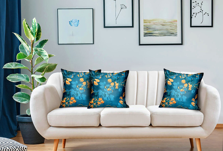Plutus Bronze Blossom Blue Floral Luxury Throw Pillow