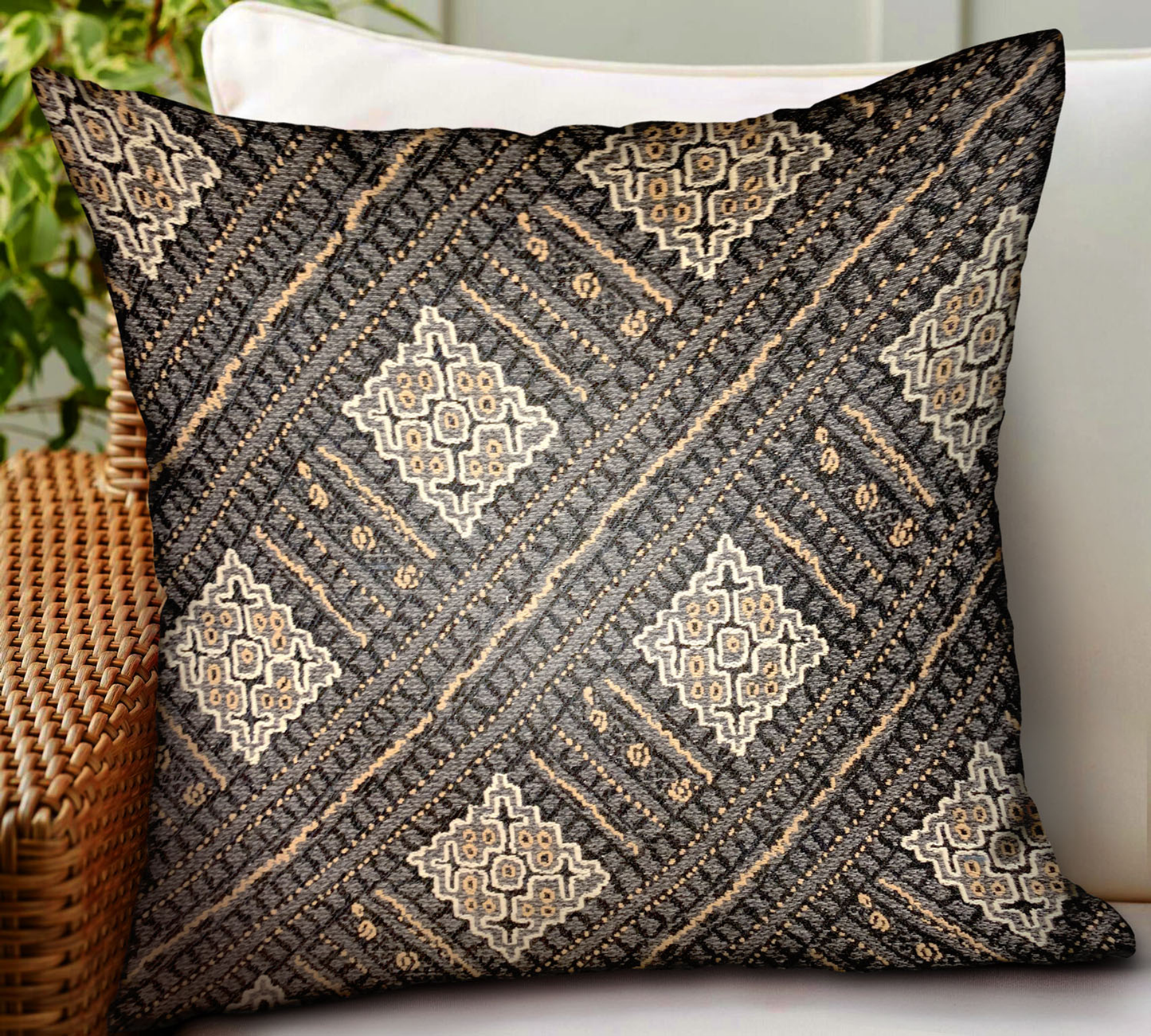 Plutus Pewter Lattice Charcoal Geometric Luxury Outdoor Throw Pillow