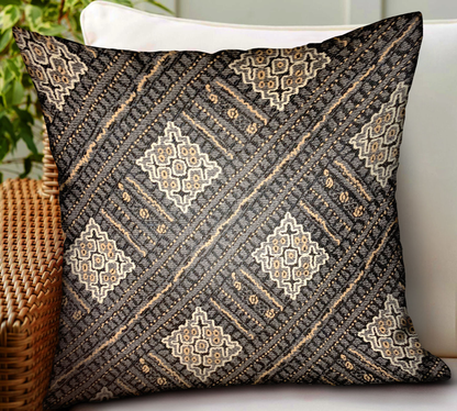 Plutus Pewter Lattice Charcoal Geometric Luxury Outdoor Throw Pillow