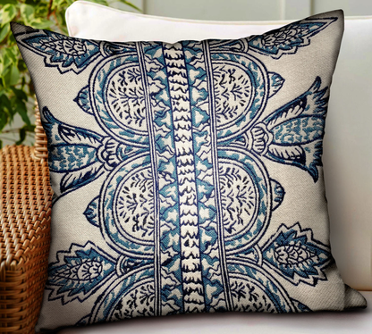 Plutus Aristocratic Floret Blue Paisley Outdoor Throw Pillow