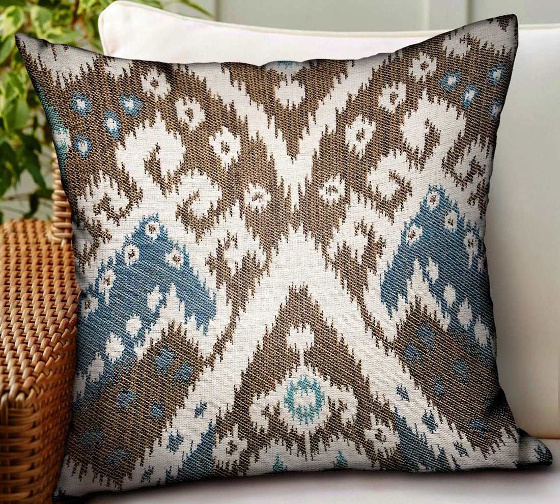 Plutus Shoshone Valley Blue Brown Ikat Luxury Outdoor Throw Pillow