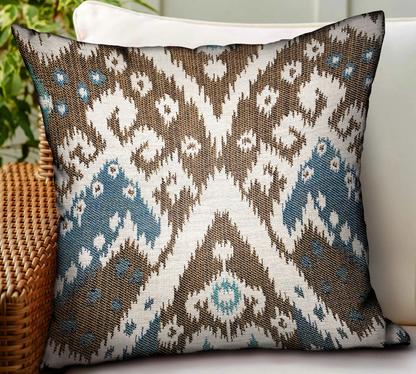 Plutus Shoshone Valley Blue Brown Ikat Luxury Outdoor Throw Pillow