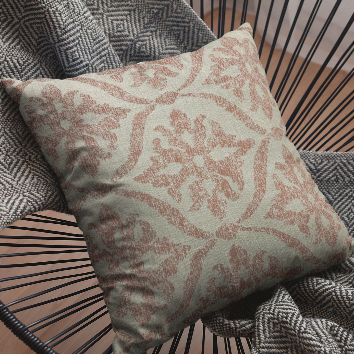 Plutus Beige, Red Flowers Jacquard Luxury Throw Pillow