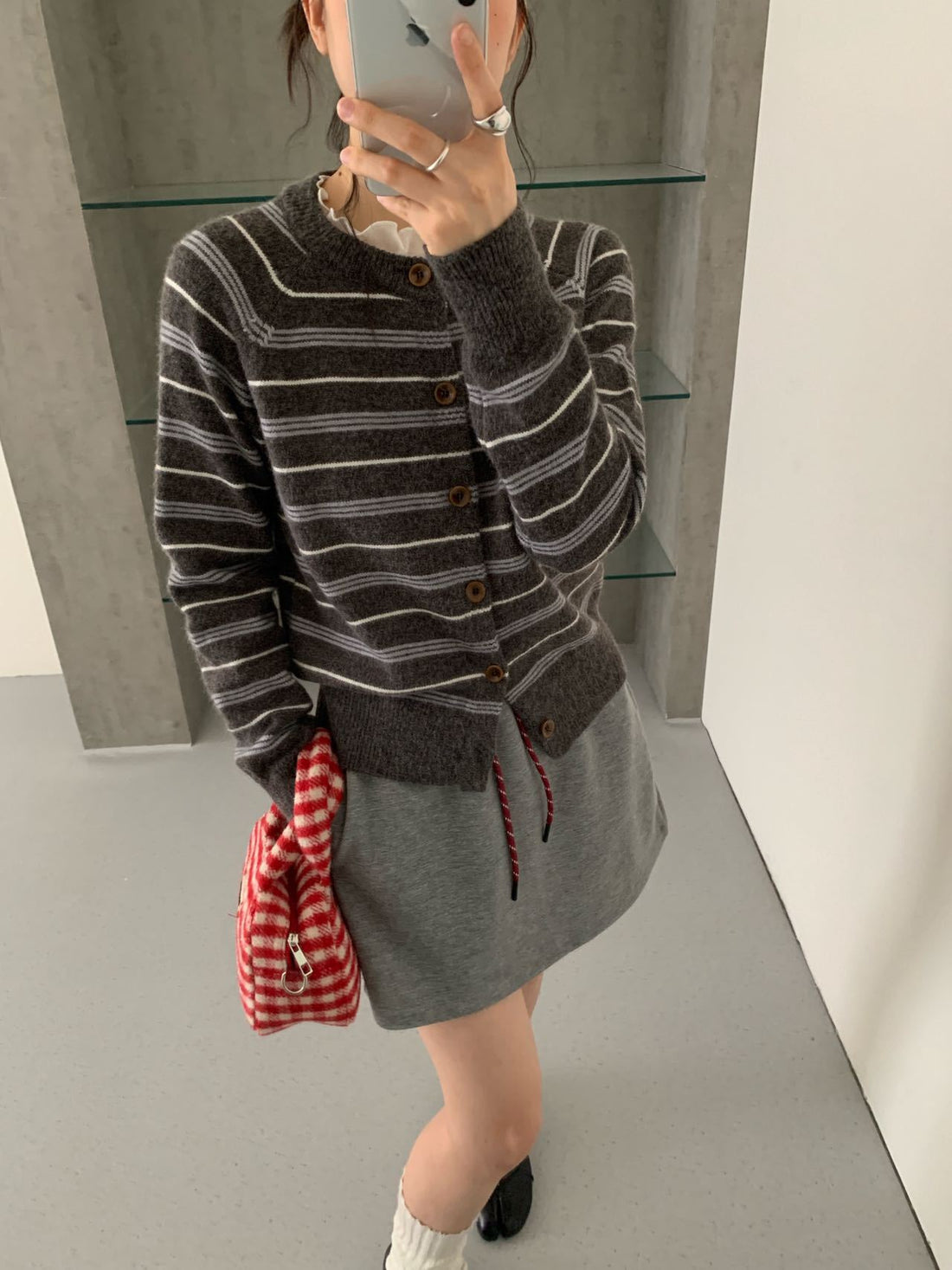 Women Retro Color Block Striped Knit Cardigan Round Neck Long Sleeve Slimming Sweater