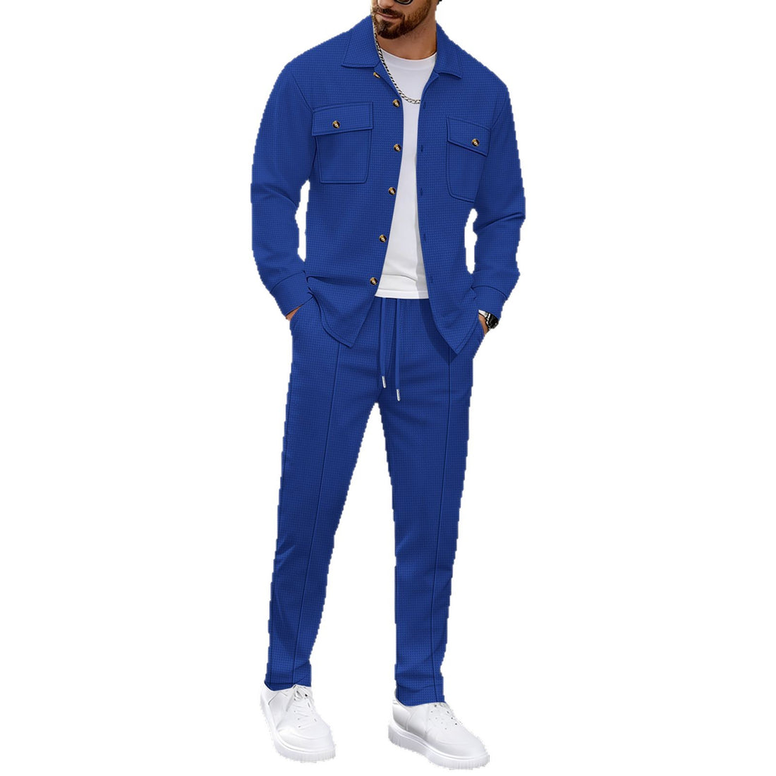 Men's Casual Waffle Solid Color Track Suit Long Sleeve Lapel Jacket and Pants Two-Piece Set