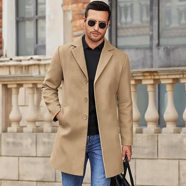 Men's Long Wool Coat Classic Loose Fit Lapel Overcoat