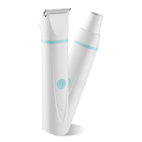White cordless pet clipper and nail grinder handle with teal accents