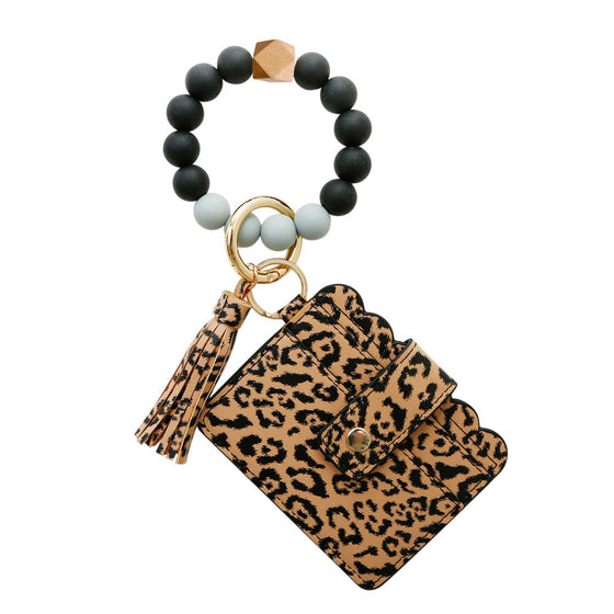 Black bead wristlet with leopard print card holder and tassel