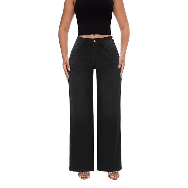 Women's High Elastic Butt-Lifting Mid-Waist Wide-Leg Denim Jeans