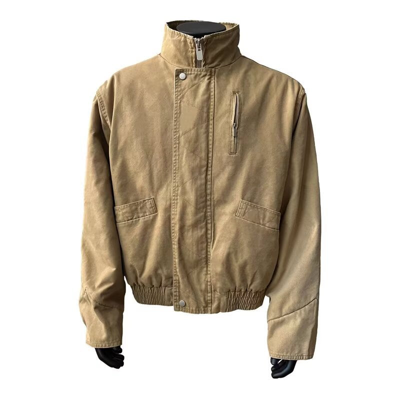 Men's Stand Collar Bomber Jacket Retro Loose Solid Outerwear