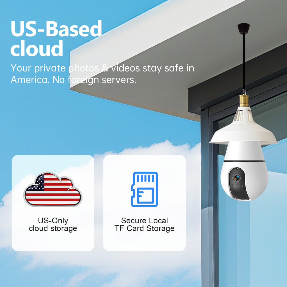Bulb camera hanging from a porch light with cloud and microSD storage icons
