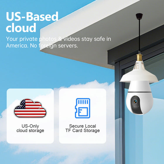 Bulb camera hanging from a porch light with cloud and microSD storage icons