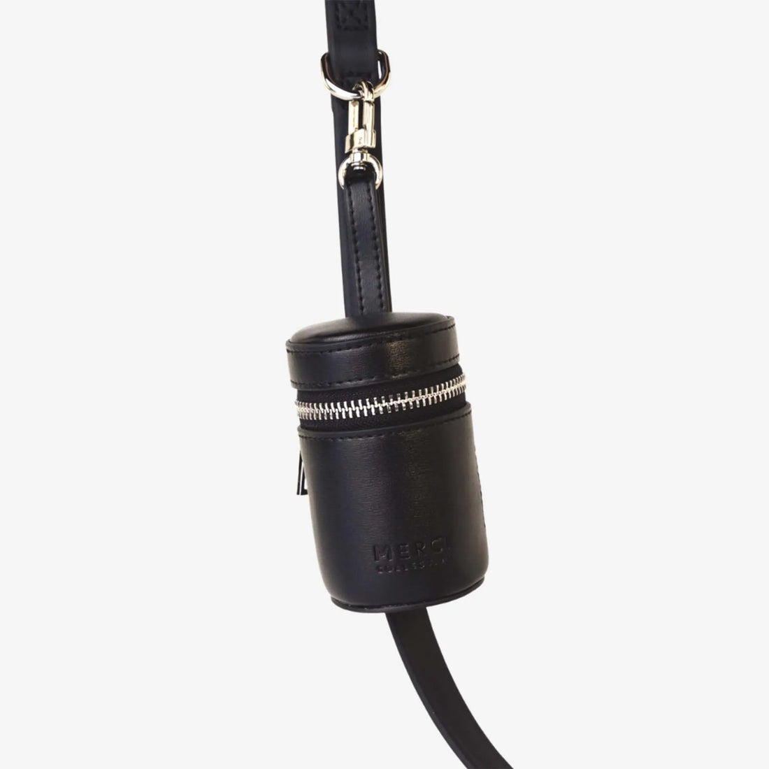 Vegan leather poop bag holder, black, back strap detail