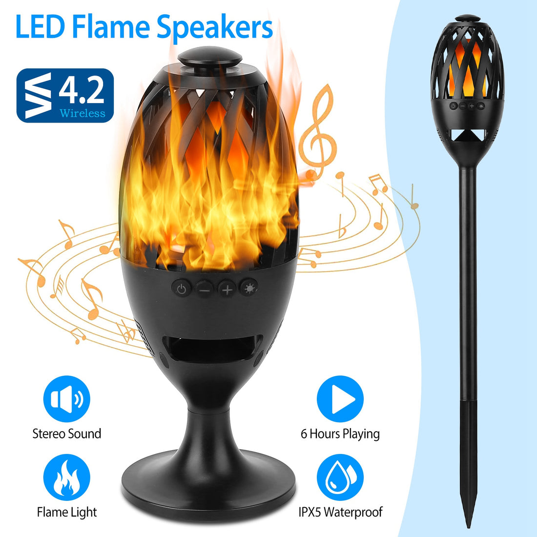 Flame speaker on a ground stake next to the tabletop version