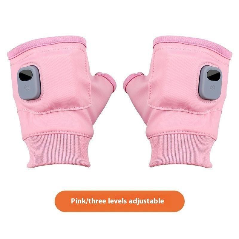 Pair of pink heated fingerless gloves with control buttons