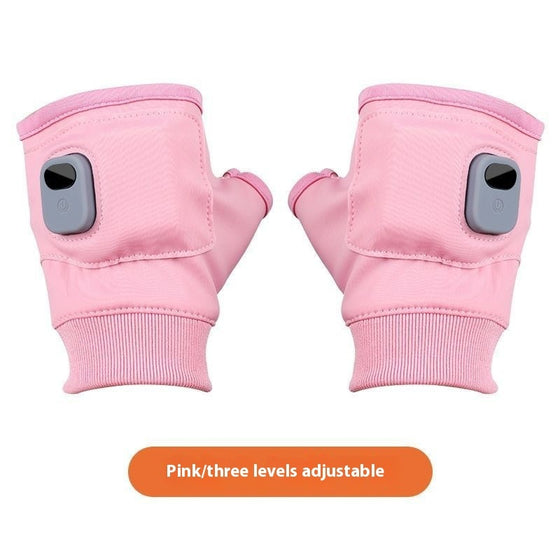 Pair of pink heated fingerless gloves with control buttons
