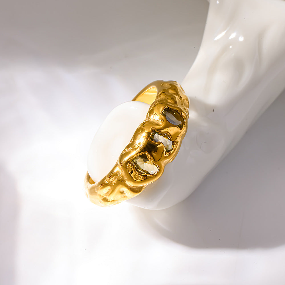 18K Gold Plated Irregular Texture Zircon Ring for Women Stainless Steel