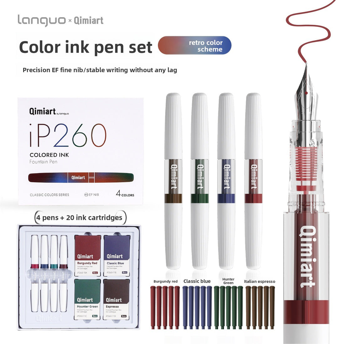 4-Color Fountain Pen Gift Set with EF Fine Nib and 20 Ink Cartridges