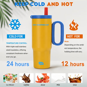 Yellow tumbler with cold and hot drink graphic