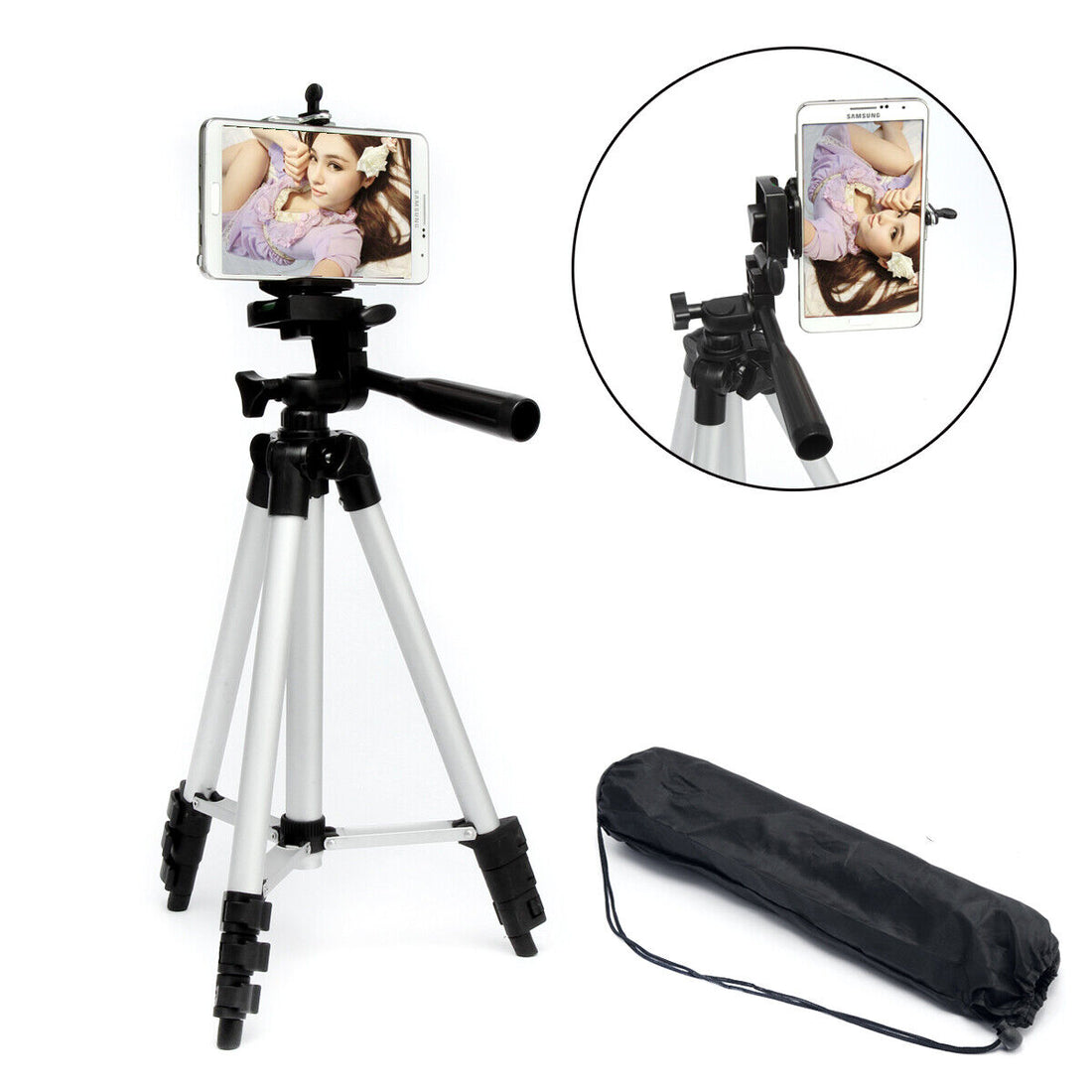 Universal phone clamp on tripod top mount