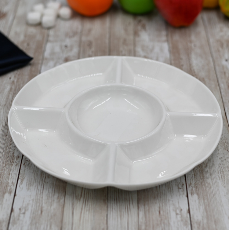 Wilmax Fine Porcelain Divided Round Dish, 10 in, 5-Section, Set of 4