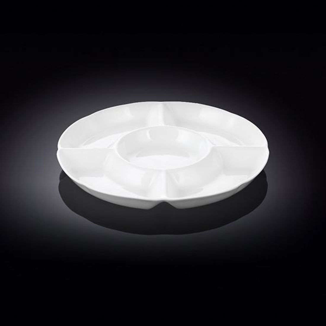 Wilmax Fine Porcelain Divided Round Dish, 10 in, 5-Section, Set of 4
