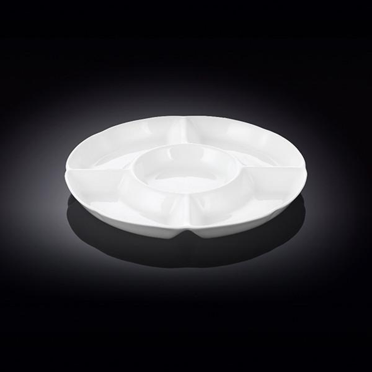 Wilmax Fine Porcelain Divided Round Dish, 10 in, 5-Section, Set of 4