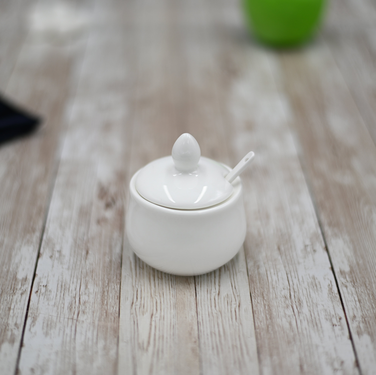 Wilmax Fine Porcelain Mustard Pot with Spoon, 4 oz, Set of 6