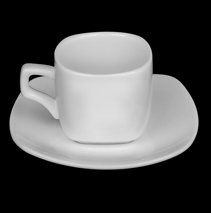 Wilmax Fine Porcelain Coffee Cup and Square Saucer Set, 3 oz, Set of 6