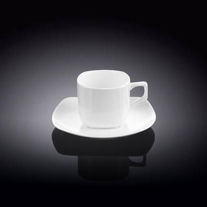 Wilmax Fine Porcelain Coffee Cup and Square Saucer Set, 3 oz, Set of 6