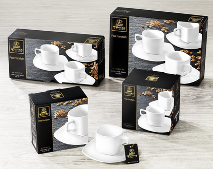 Wilmax Fine Porcelain Coffee Cup and Square Saucer Set, 3 oz, Set of 6