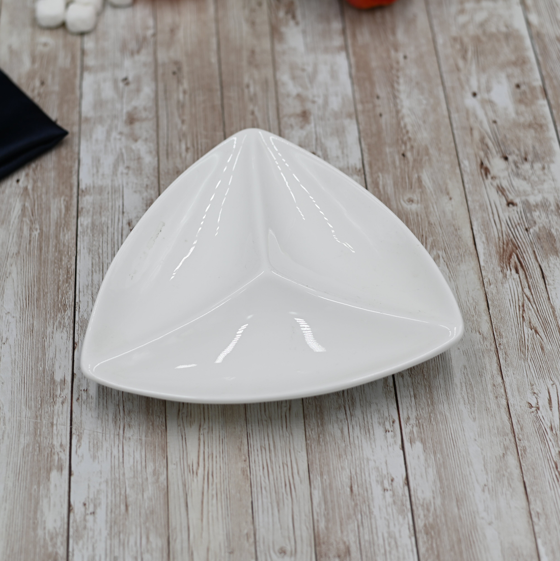 Wilmax White Porcelain 3-Compartment Triangular Dish, 8 in (Set of 6)