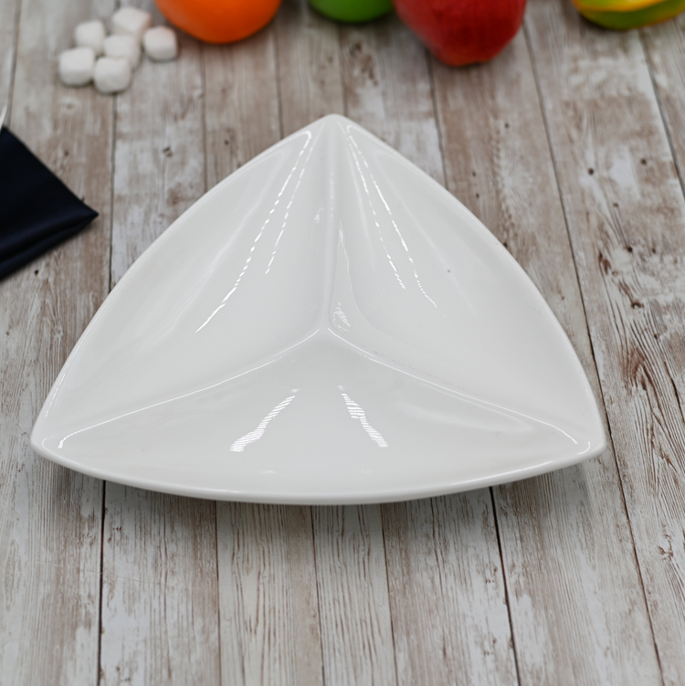 Wilmax White Porcelain 3-Compartment Triangular Dish, 9.5 in