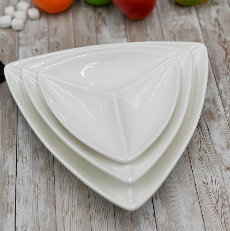Wilmax White Porcelain 3-Compartment Triangular Dish, 9.5 in