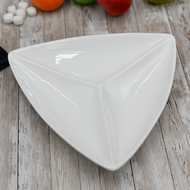 Wilmax White Porcelain Triangular 3-Compartment Divided Dish, 11.5 in