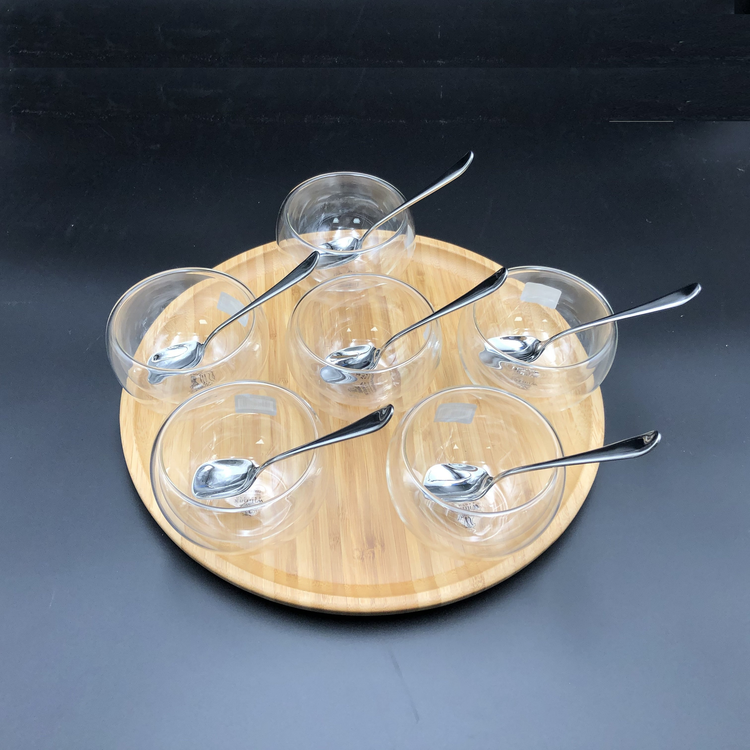 Wilmax Bamboo Platter Ice Cream Set with 6 Thermo Bowls