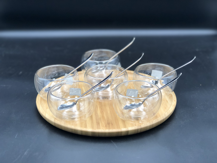 Wilmax Bamboo Platter Ice Cream Set with 6 Thermo Bowls