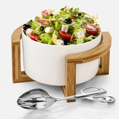 Wilmax Large Porcelain Salad Bowl Set with Bamboo Stand