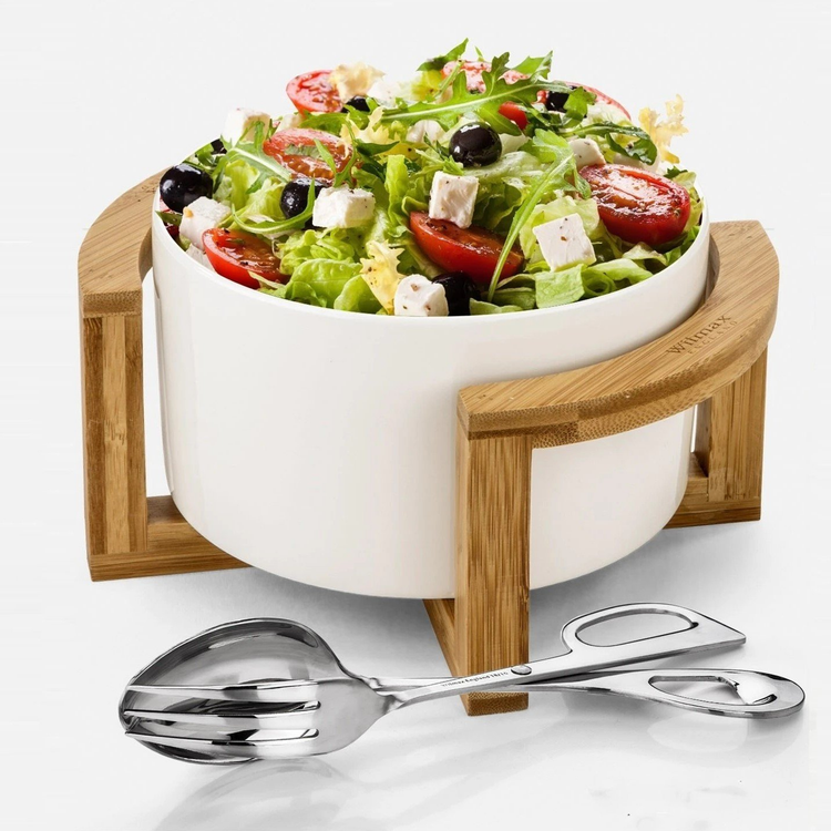 Wilmax Large Porcelain Salad Bowl Set with Bamboo Stand