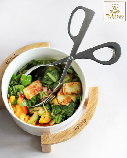 Wilmax Large Porcelain Salad Bowl Set with Bamboo Stand