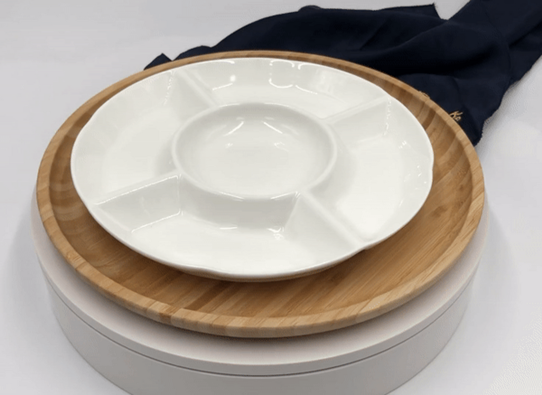 Wilmax Bamboo and Porcelain 5-Section Divided Dish and Plate Set